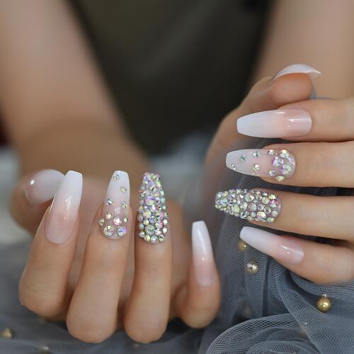 Crystal Ombre Nails Full Designed Rhinestones Ballerina Fake Nails Long Natural White Designer Nail Art Tips