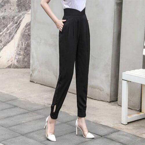 Summer Chiffon Pant 2021 Special V Waist Side Button Hollow Out Pleated Women Trousers Thin Big Size Turnip Harem Pants New Hot