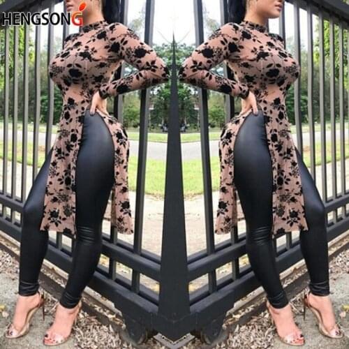 Fashion Floral Printing Double Side Split T Shirt Women Long T-shirts Long Sleeve O-neck Spring Summer Tees Shirt Femme T-shirt