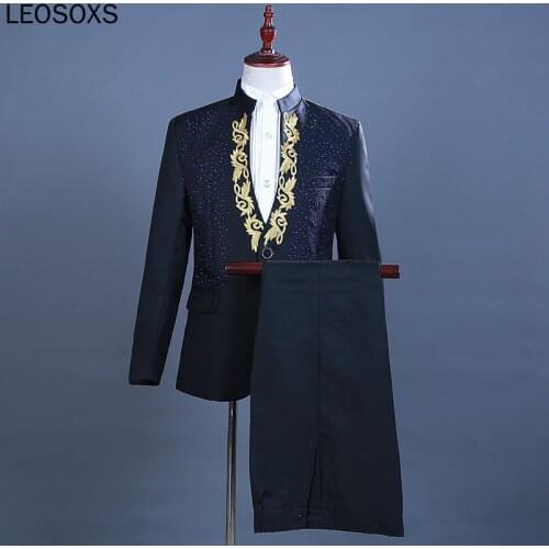 2 Pieces White One Button Gold Embroidery Diamond Suit Men Brand Stand Collar Slim Fit Wedding Groom Mens Suits With Pants Terno