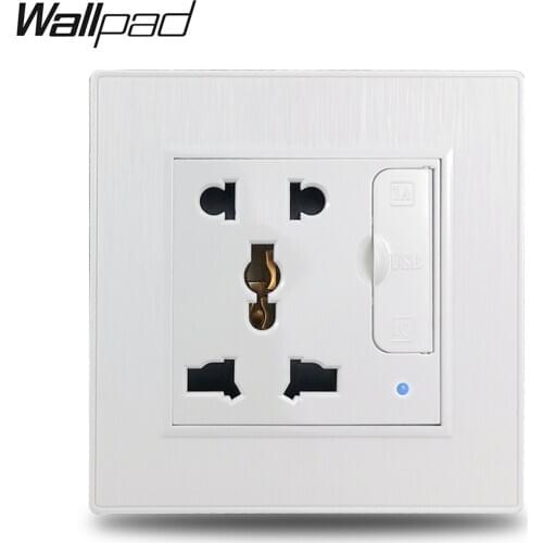 Wallpad S6 White 13A EU UK Universal 5 Pin Wall Socket With 3.1A Double USB Charging Port Outlet Brushed PC Plastic Panel Frame