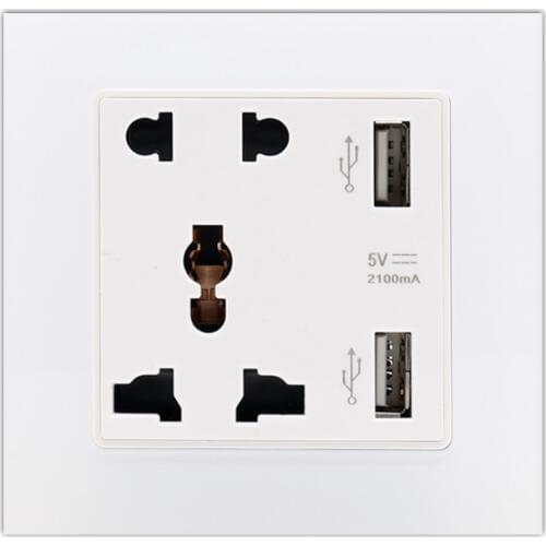 New Luxury Glass Panel Wall Power Socket Plug, Universal 5 Hole Electrical Outlet With 2100mA Dual USB Charge Port for Mobile