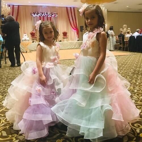 Newest Colorful Hand Made Flowers Flower Girl Dresses Ruffles Tier Tulle Skirt Kids Communion Dress Cheap Child Party Gown
