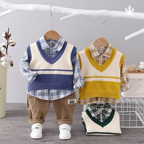 Autumn Fashion Kids Cotton Clothes Baby Boys Girls Gentleman Sweater Vest Plaid Shirts Pants 3Pcs/sets Pocket Children Toddler