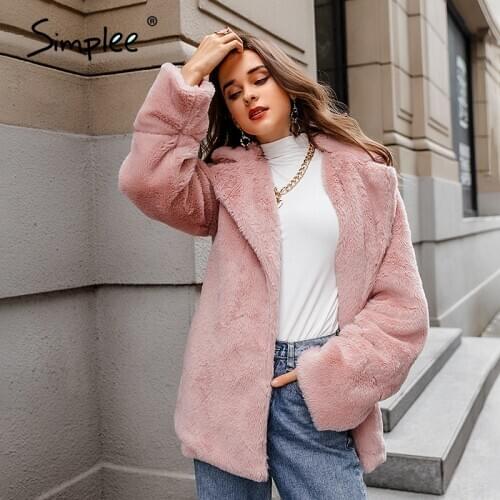 Simplee Elegant Lapel pink women fur coat Female long sleeve Lace up Parka coat Casual office ladies autumn winter Fur coat