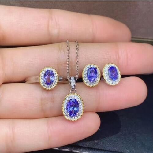 The Best GiftFor your girl Friend Tanzanite Jewelry set 925 sterling silver 1pc Ring,1pc Pendant,2pcs Earring
