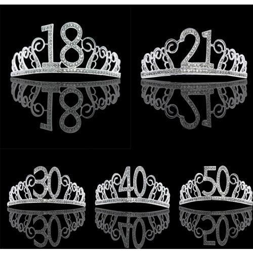 18 21 30 40 50 Birthday Party Decorations Adult Crystal Rhinestone Tiara Princess Crown Hairband Accessories Women Birthday Gift