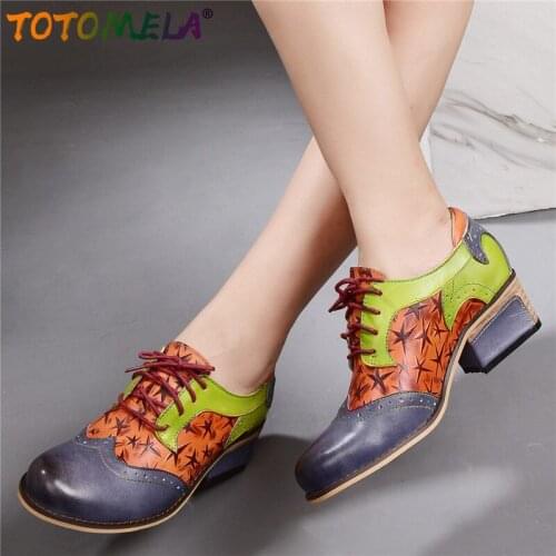 TOTOMELA New Genuine leather women shoes lace up square heels spring summer ladies shoes mixed color party dress shoes female