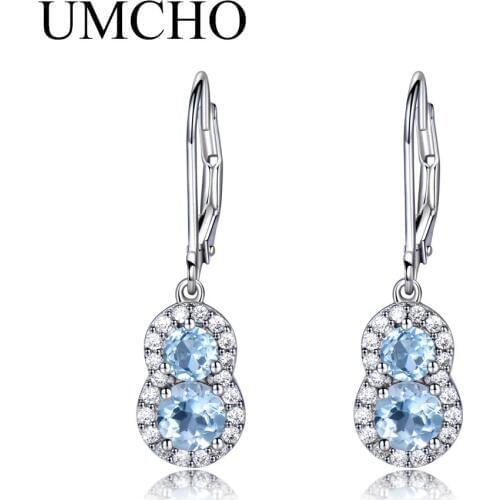 UMCHO 1.8CT Natural Sky Blue Topaz Gemstone Jewelry Earrings Real 925 Sterling Silver Drop Earrings Wedding Gift For Women