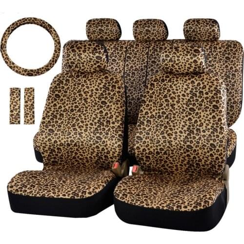 High quality Luxury Leopard Print Car Seat Cover Universal Fit Seat Belt Pads with 15" Universal Steering Wheel Protector