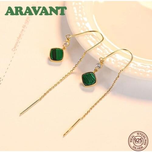 925 Sterling Silver Simple Square Green Enamel Cubic Zircon Long Chain Drop Earrings For Women Authentic Silver Jewelry Gift