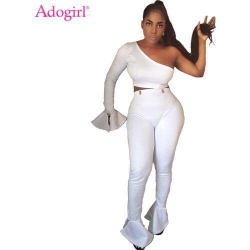 Adogirl Solid White Women Sexy Two Piece Set One Shoulder Long Button Flare Sleeve Crop Top High Waist Boot Cut Pants Outfits