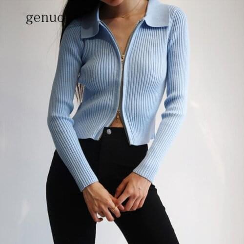Women Dual Zipper Ribbed Sweater Shirt Cropped Knit Cardigans