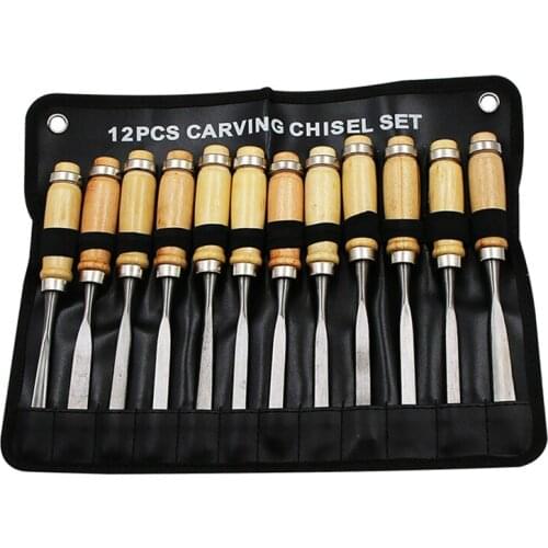 12pcs/set Carpenter Carving Chisel Kit Alloy Blade Wooden Handle Woodworking Hand Carved Tools DIY Engraving Chisels