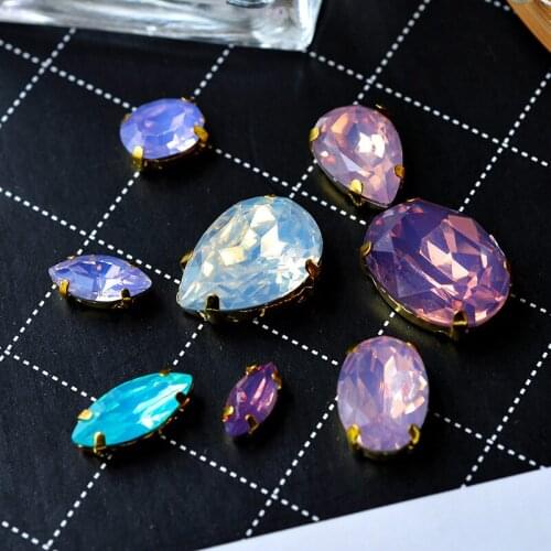 12p opal color sewing acrylic resin stone sew on rhinestone gold plated button jewel for headwear shoes bag cap Apparel diy trim