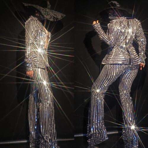 2020 Mirror Stage Costume Silver Shine Mirror Long-Sleeved Suit Women Nightclub Bar DJ DS Singer Rave Party Wear Festival Outfit