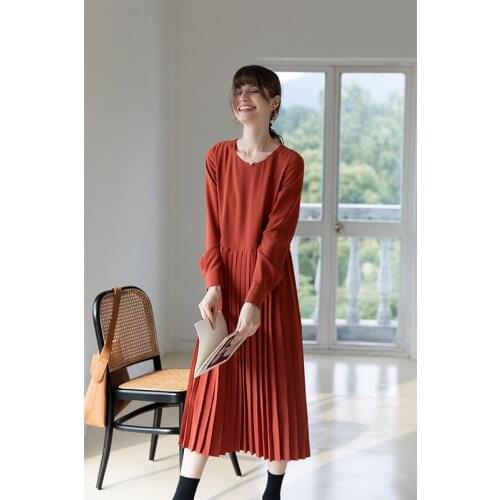 2021 Femal French Vintage O-Neck Long Seeve Orange Black Base Dress Women Spring Winter Slim Long Pleated dresses For Girl