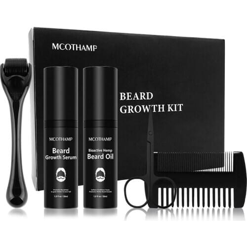 5Pcs/set Beard Growth Oil Kit Barbe Hair Growth organic beard oil with comb & scissor Beard Care set for men Best Gift