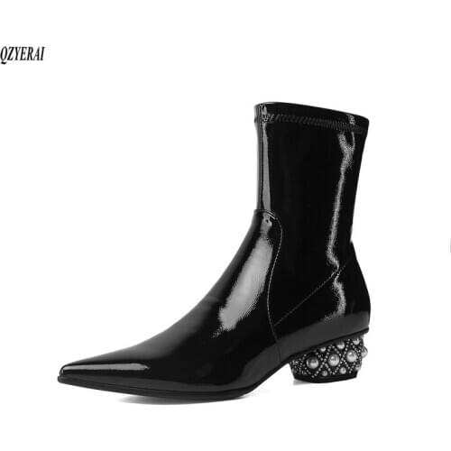 The new Womens boots Genuine leather Stretch ankle boots Pearl with pointed Womens shoes