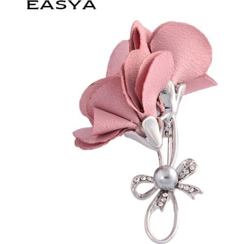 EASYA 3 Colors Handmade Fabric Flower Brooches Pins Jewelry Fashion Simulated Pearl Wedding Party Cloth Coat Brooch Accessories