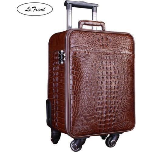 LeTrend 100% Alligator Rolling Luggage Spinner Crocodile High grade luxury Genuine Leather Trolley 18 inch Cabin Suitcase Wheels