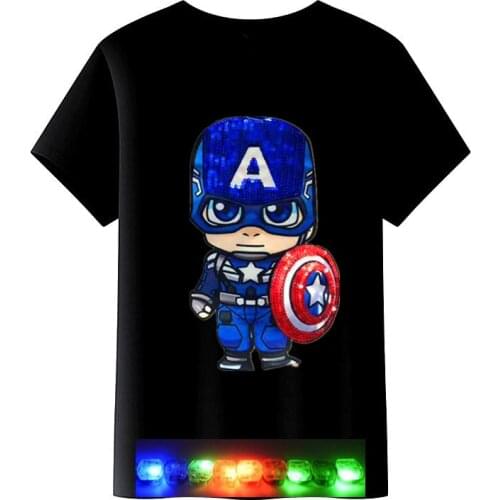 Disney Summer Fashion Trend Cartoon Spider-Man Boy Print Color Sequined Light LED T-shirt Cotton Short Sleeve Top