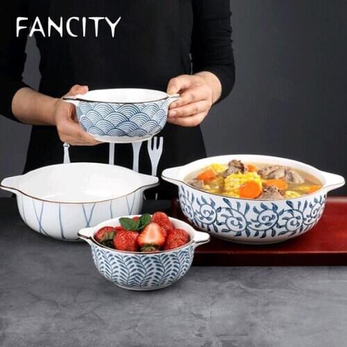 FANCITY Retro personality creative binaural bowl soup bowl home Japanese tableware ceramic fruit salad bowl large bowl soup bowl