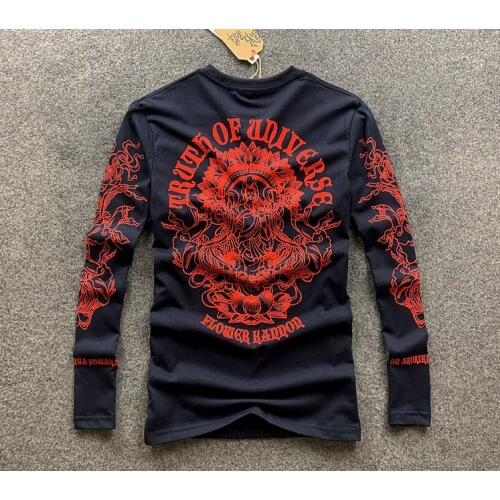 Japanese ukiyo painted lotus Tattoo Long Sleeve T-shirt Men Casual Cotton T shirts Retro Sanskrit Print Hip Hop Tops Tees Shirt