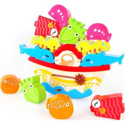 Baby Bright Ocean Fish Shape Balance Stacking Toy For Toddler Montessori Educational Wooden Toys For Children Sorting Blocks