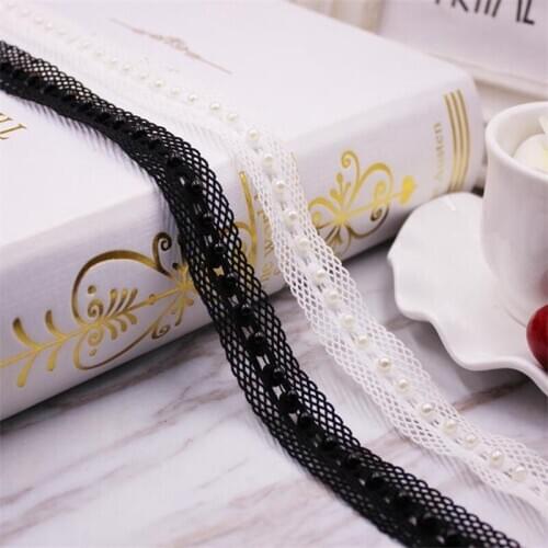 1Yard/Lot White Black Pearl Beaded Lace Ribbon Lace Trim African Lace Fabric Embroidered Lace Beaded Fringe Clothing Accessories