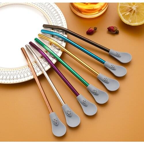 Stainless Steel Drinking Straw Creative Reusable Silicone Filter Spoon Removable Tea Spoon For Bar Hotel Party Drinking Supplies