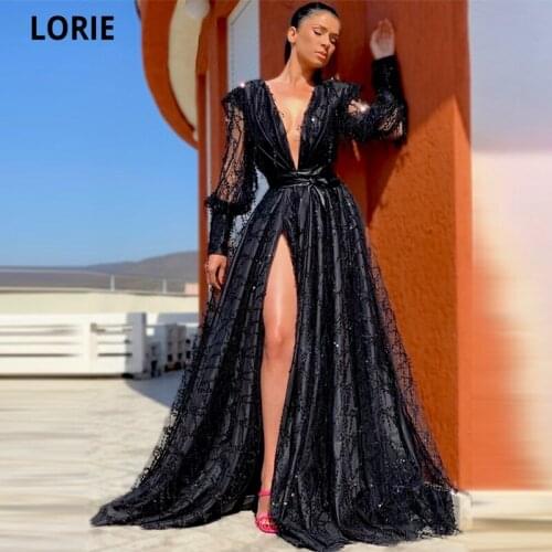 LORIE Black Deep V-Neck Prom Dresses 2021 A-line Boho Long Sleeves Evening Gowns Floor Length Plus Size Side Spilt Formal Gowns