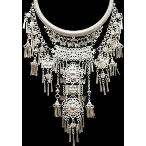 LosoDo necklaces pendants Boho Retro Ethnic style exaggeration hmong Miao silver Tassels Collars jewelry Support wholesale