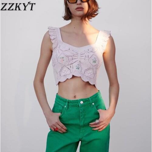 2021 Women Sweet Ruffle Embroidery Floral Cropped Knitted Tank Vintage V Neck Backless Thin Straps Female Camis Chic Tops