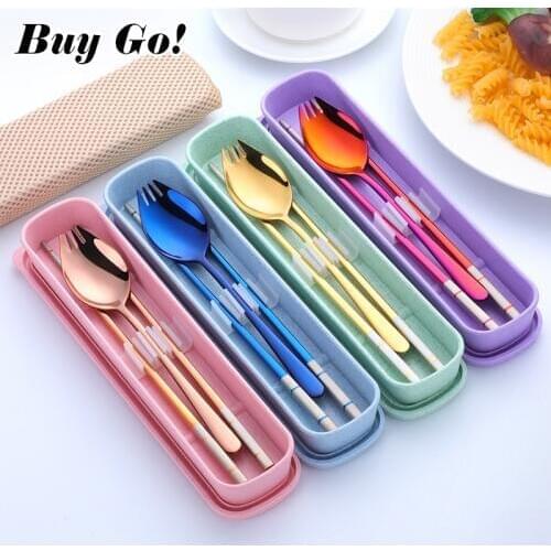 3PCS Stainless Steel 3 IN 1 Fork Spoon Chopsticks Set Portable Dinnerware Set With Box Adult Travel Picnic Cutlery Tableware Set