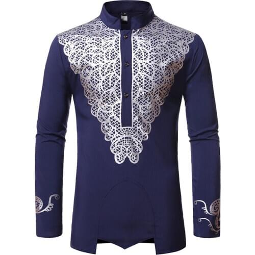 Navy African Dashiki Print Shirt Men Hipster Hip Hop Streetwear African Clothes Men Long Sleeve African Shirts Camisa Masculina