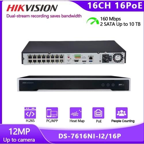 Hikvision DS-7616NI-I2/16P 16-Channel 12MP 4K NVR 16POE For CCTV Two Way Audio&Alarm In/OUT Outdoor Video Surveillance IP Camera