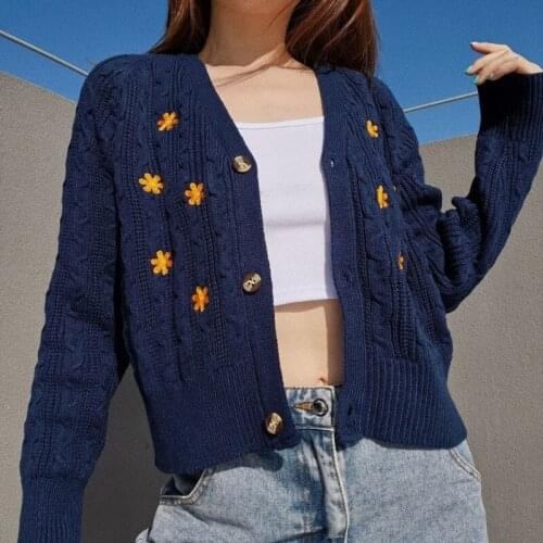 TVVOVVIN Embroidery Floral V-neck Knitted Sweater Women Long Sleeve Loose Single Breasted Sweet Style Cardigan QN6E