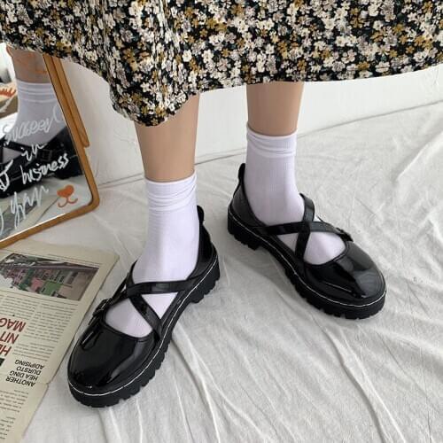 Ladies Sweet Flat Shoes Casual Patent Leather Buckle Cross Strap Platform Loafers Women 2021 Kawaii Lolita Mary Jane Shoes