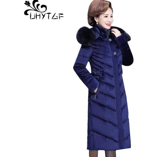 UHYTGF Women Winter Coat Gold velvet Down Cotton Parkas Long Coats Warm Thicken Female Jacket Hooded Outerwear Plus Size 5XL1296