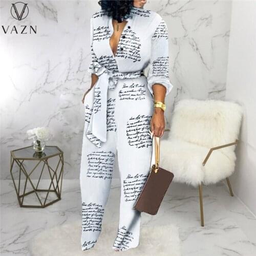 VAZN 2021 Patchwork Leopard Deep V-neck Office Lady Sexy Sweet Young Simple Full Sleeve Women Slim Long Wide Leg Jumpsuits
