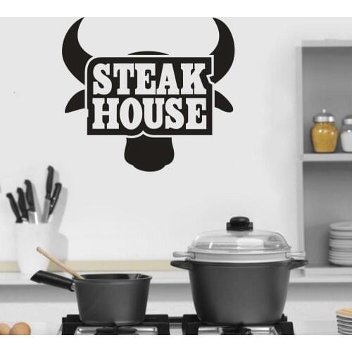 Restaurant Kitchen Vinyl Wall Sticker Steak House Logo Wall Art Decal Removable Beef Steak Window Poster Bull Wallpaper AZ378