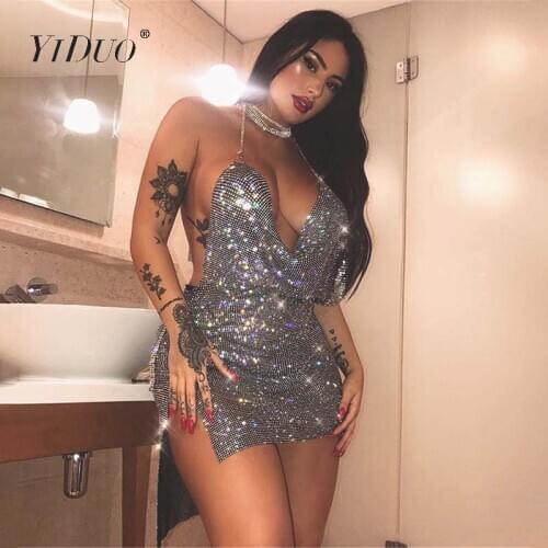 YiDuo 2020 New Metal Black Choker Halter Sexy Crystal Diamond Beading Night Party Club Dress Backless Women Hollow Out Vestidos