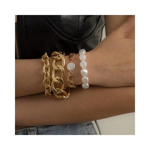 Baroque Pearl Charm Bracelets Bangles Sets For Women Punk Hip hop Thick Link Bracelet Jewelry Accessories