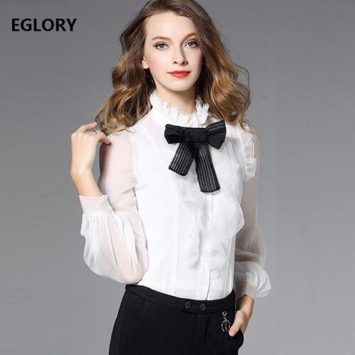 Womens Blouse 2019 Spring Summer Fashion Work Office Shirt Ladies Ruffled Collar Sexy See Through Sleeve Blouse Female Top