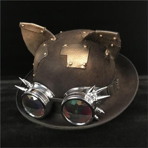 Women Men Steampunk Bowler Hat Retro Lolita Patch Gear Glasses Topper Top Hats Fedora Cosplay Cat Ear Billycock Groom Hat