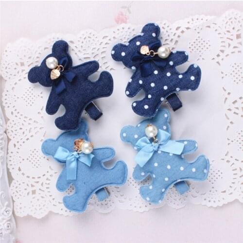 New Fashion Korean Bear And Rabbit Handmade Blue Denim Bow Hair Clips Hairpins Girls Women Barrettes Hair Accessories
