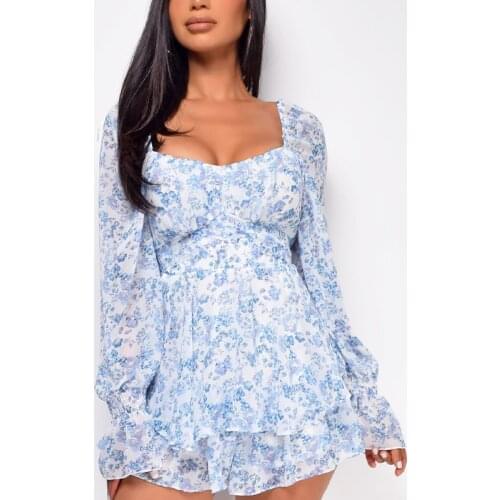 Women Summer Blue Dreamy Jumpsuit Long Sleeves Belt Cute Ruffle Striped Floral Print Romper Playsuit Sweet Square Collar Outfits