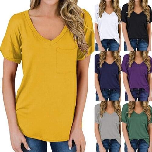Womens Casual Top Short Sleeve V-Neck Shirt Loose Tops Basic T-Shirt