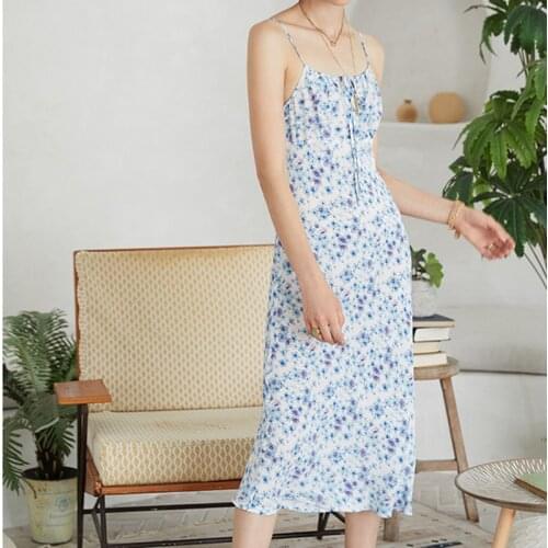 Blue 100% silk Women long dress ladies soft sling Midi dress Drawstring tie adjustment sexy summer dress holiday sleeveless
